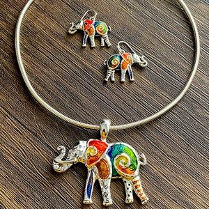 Silver Multi Elephant Necklace and Earrings Set